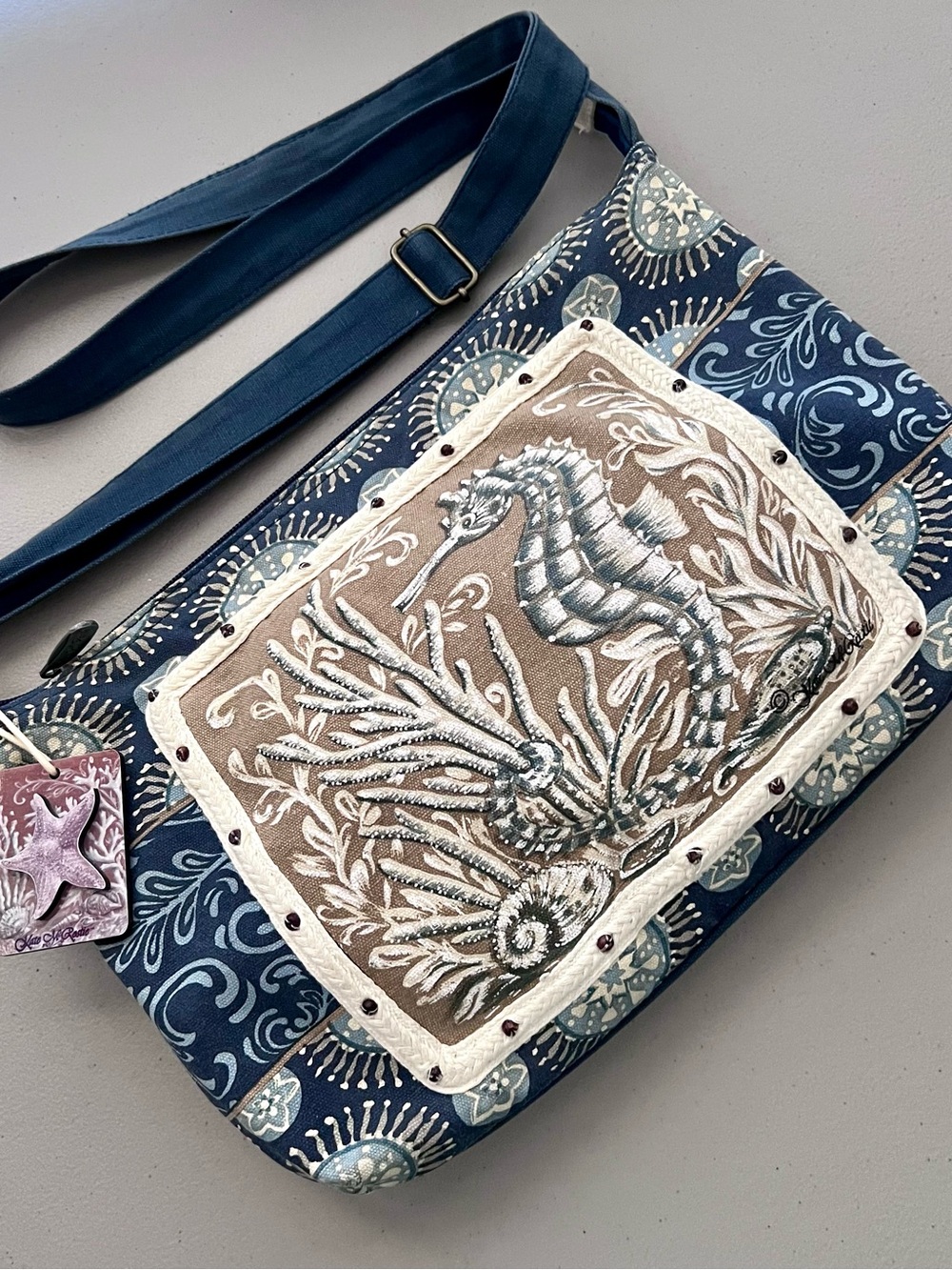 Kate McRostie Nautical Ocean Wonder Seahorse Crossbody Bag - Navy Blue/Tan